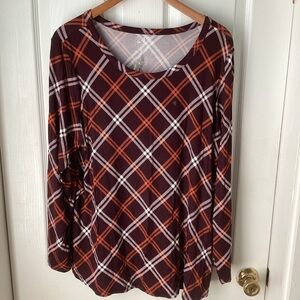 MAURICES: maroon with white and orange plaid long sleeve top 1 X